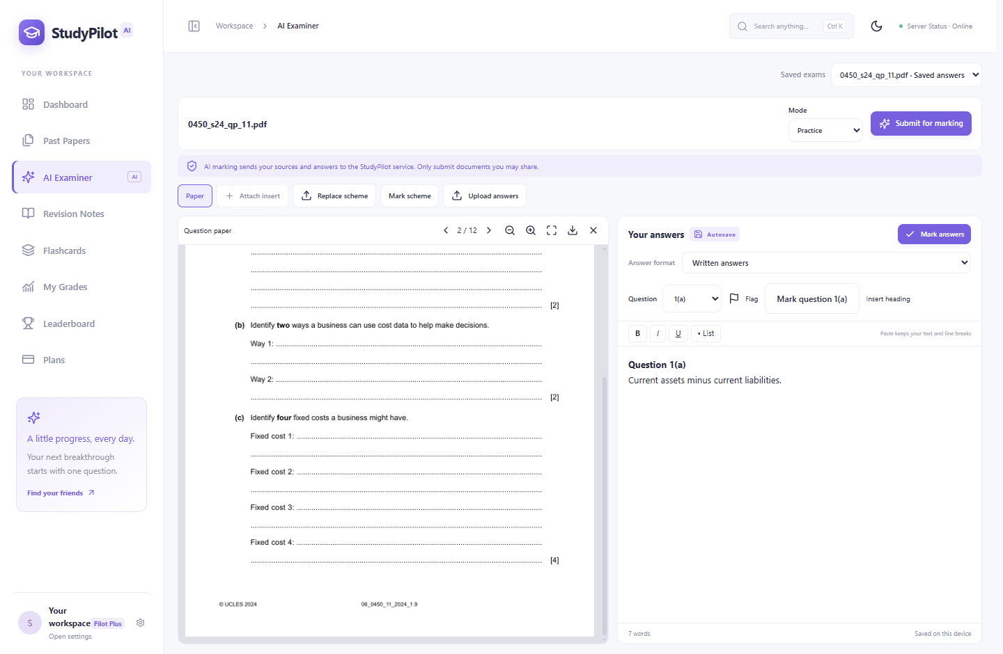 StudyPilot exam workspace showing a real paper beside an answer editor