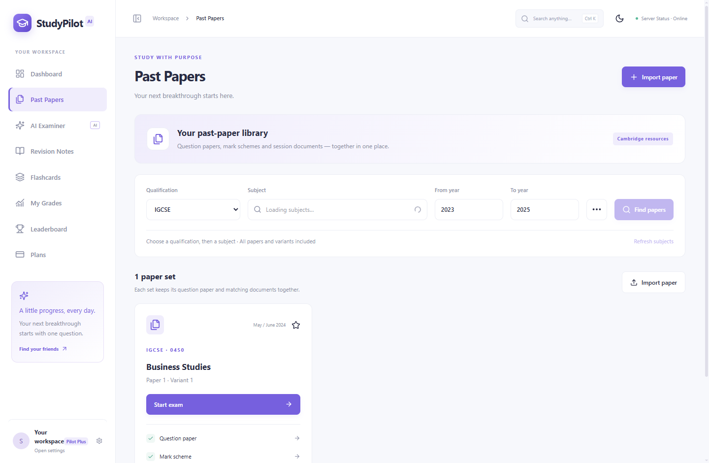 StudyPilot past-paper library with qualification, subject and year filters